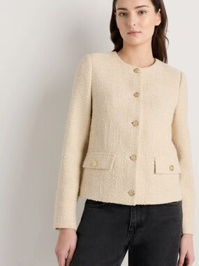 Quince Cream Tweed Collarless Jacket with Gold Crest Buttons Small NWT